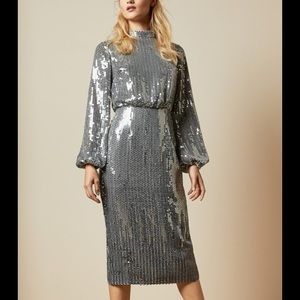 Ted baker long sleeve silver gunmetal sequin dress